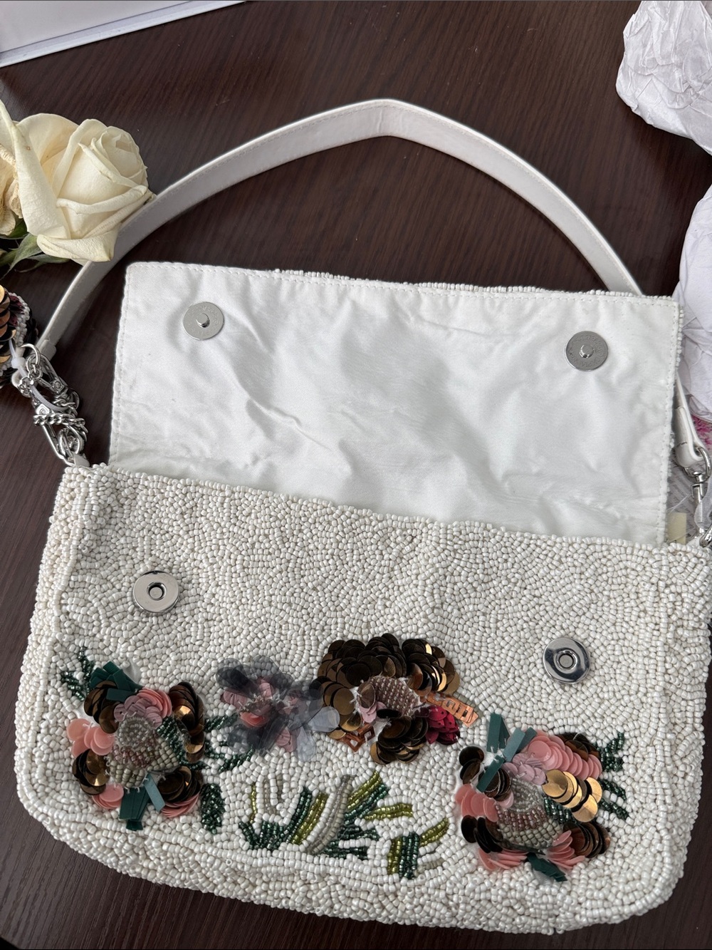 White Beaded Floral Evening Clutch with Pink & Green Embroidery - Picture 3 of 6